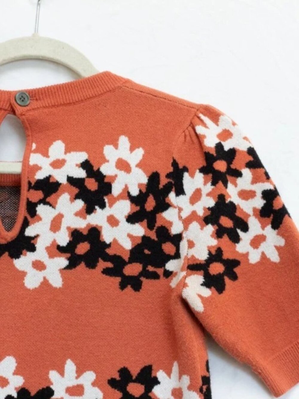 Anthropologie Maeve Retro Floral Spring Sweater Top Puff Short Sleeve Stretch S - Picture 7 of 10